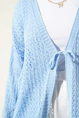 Delikli İp Bağcıklı Triko Hırka Mavi - Triko Hırka