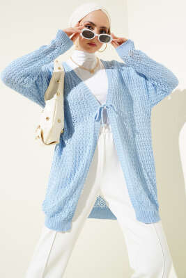 Delikli İp Bağcıklı Triko Hırka Mavi 