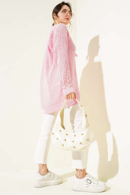 Delikli İp Bağcıklı Triko Hırka Pembe - Triko Hırka