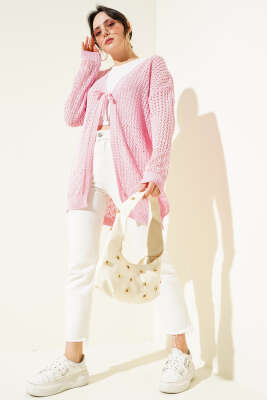 Delikli İp Bağcıklı Triko Hırka Pembe - Triko Hırka