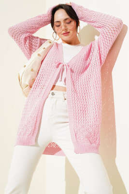 Delikli İp Bağcıklı Triko Hırka Pembe - Triko Hırka