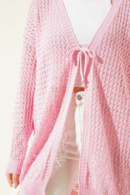 Delikli İp Bağcıklı Triko Hırka Pembe - Triko Hırka