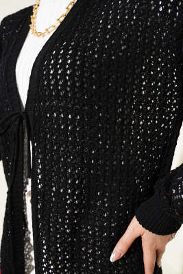 Delikli İp Bağcıklı Triko Hırka Siyah - Triko Hırka