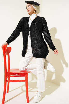 Delikli İp Bağcıklı Triko Hırka Siyah - Triko Hırka