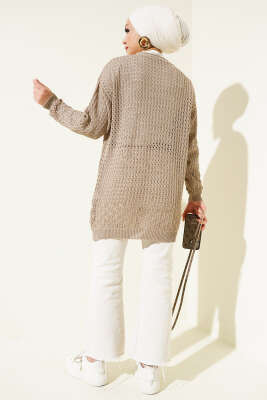 Delikli İp Bağcıklı Triko Hırka Vizon - Triko Hırka