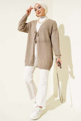 Delikli İp Bağcıklı Triko Hırka Vizon - Triko Hırka