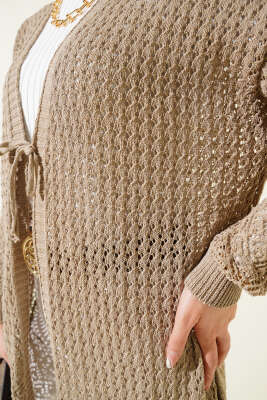 Delikli İp Bağcıklı Triko Hırka Vizon - Triko Hırka