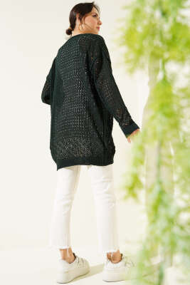 Delikli İp Bağcıklı Triko Hırka Zümrüt - Triko Hırka