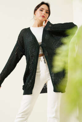 Delikli İp Bağcıklı Triko Hırka Zümrüt 