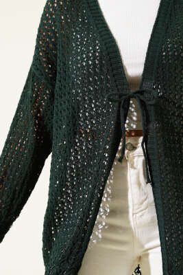 Delikli İp Bağcıklı Triko Hırka Zümrüt - Triko Hırka