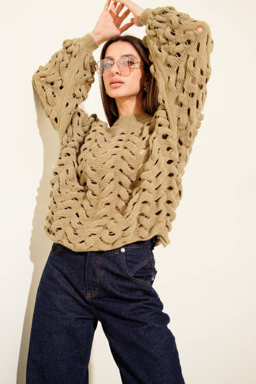 Delikli Örgü Balon Kol Kazak Çağla Yeşili - Kadın Giyim Modelleri