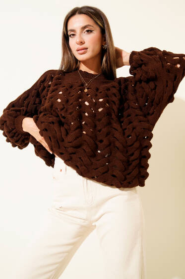 Delikli Örgü Balon Kol Kazak Kahve - Kadın Giyim Modelleri
