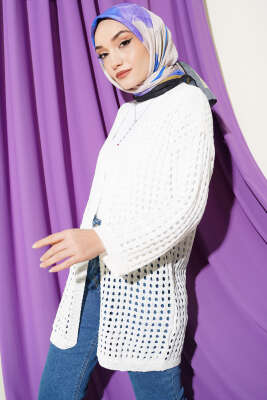 Delikli Uzun Triko Ajur Hırka Beyaz - VANİZA TRİKO