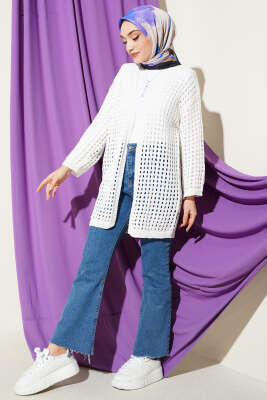 Delikli Uzun Triko Ajur Hırka Beyaz - Hırka