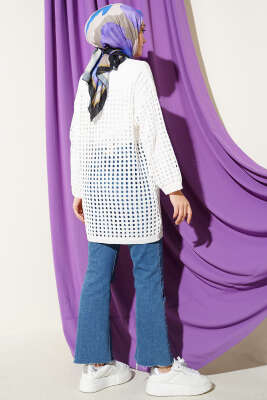 Delikli Uzun Triko Ajur Hırka Beyaz - Hırka