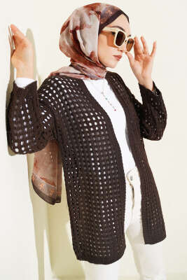 Delikli Uzun Triko Ajur Hırka Kahve - VANİZA TRİKO