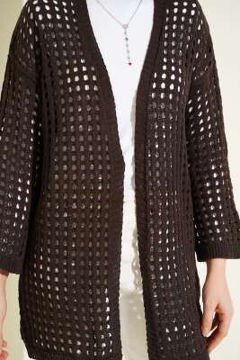 Delikli Uzun Triko Ajur Hırka Kahve - Hırka