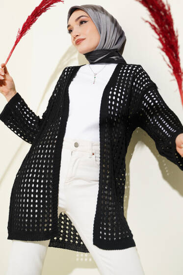 Delikli Uzun Triko Ajur Hırka Siyah - Hırka