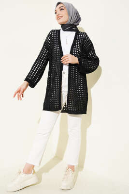 Delikli Uzun Triko Ajur Hırka Siyah - Hırka