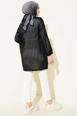 Delikli Uzun Triko Ajur Hırka Siyah - Hırka