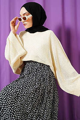 Delikli Yarasa Kol Triko Ajur Kazak Bej - VANİZA TRİKO