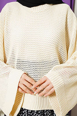 Delikli Yarasa Kol Triko Ajur Kazak Bej - Triko Kazak