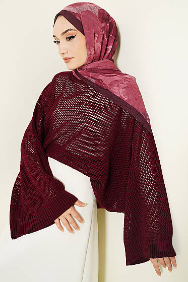 Delikli Yarasa Kol Triko Ajur Kazak Bordo - Triko Kazak