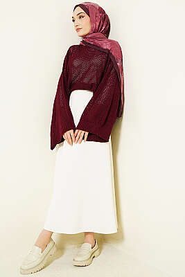 Delikli Yarasa Kol Triko Ajur Kazak Bordo - Triko Kazak