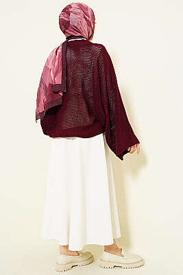 Delikli Yarasa Kol Triko Ajur Kazak Bordo - Triko Kazak