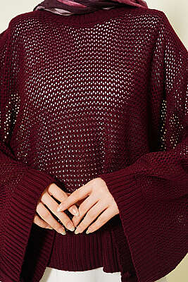 Delikli Yarasa Kol Triko Ajur Kazak Bordo - Triko Kazak