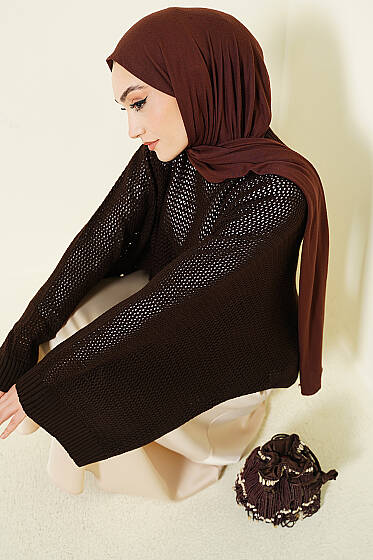 Delikli Yarasa Kol Triko Ajur Kazak Kahve - Triko Kazak