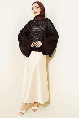 Delikli Yarasa Kol Triko Ajur Kazak Kahve - Triko Kazak