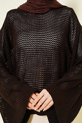 Delikli Yarasa Kol Triko Ajur Kazak Kahve - Triko Kazak