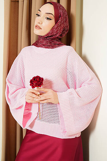 Delikli Yarasa Kol Triko Ajur Kazak Pembe - Triko Kazak