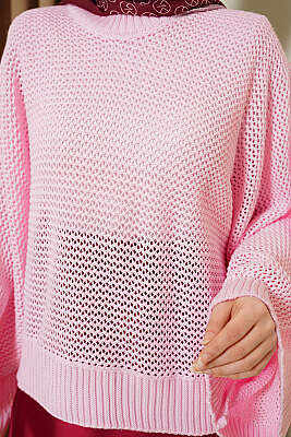 Delikli Yarasa Kol Triko Ajur Kazak Pembe - Triko Kazak