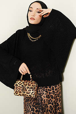 Delikli Yarasa Kol Triko Ajur Kazak Siyah - VANİZA TRİKO