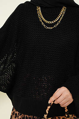 Delikli Yarasa Kol Triko Ajur Kazak Siyah - Triko Kazak