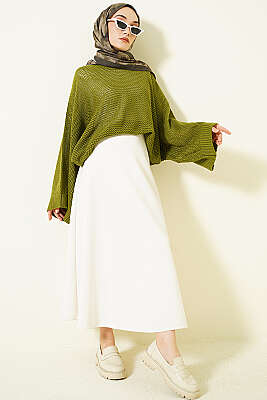 Delikli Yarasa Kol Triko Ajur Kazak Yeşil - Triko Kazak