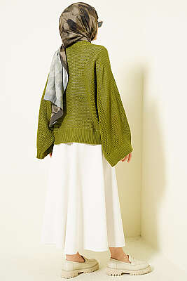 Delikli Yarasa Kol Triko Ajur Kazak Yeşil - Triko Kazak