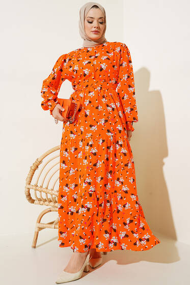Demet Desenli Elbise Oranj - Tesettür Elbise