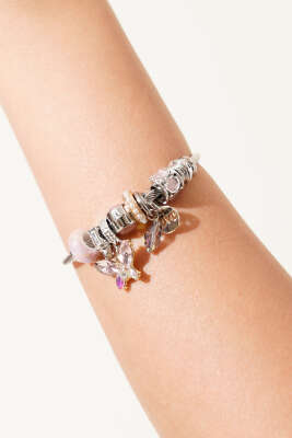 Pembe Kristal Kelebekli Charm Bileklik Pembe - DEMİR BİJUTERİ