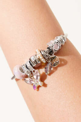 Pembe Kristal Kelebekli Charm Bileklik Pembe - Bileklik