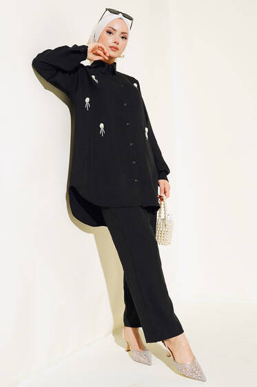 Deniz Kabuğu İşlemeli İkili Takım Siyah - İkili Takım