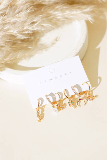 Deniz Temalı Karışık Küpe Set Gold - Küpe