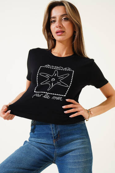 Deniz Yıldızı Baskılı Crop Siyah - Kadın Giyim Modelleri