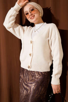 Deniz Yıldızı Düğmeli Triko Hırka Bej