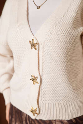 Deniz Yıldızı Düğmeli Triko Hırka Bej - Yılın Fırsatı