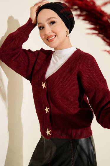 Deniz Yıldızı Düğmeli Triko Hırka Bordo - Hırka