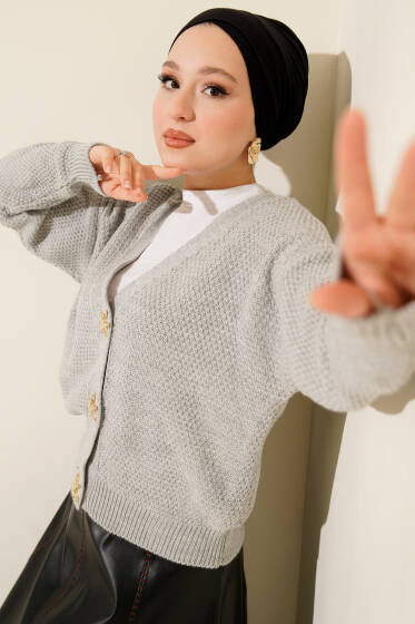 Deniz Yıldızı Düğmeli Triko Hırka Gri - Hırka