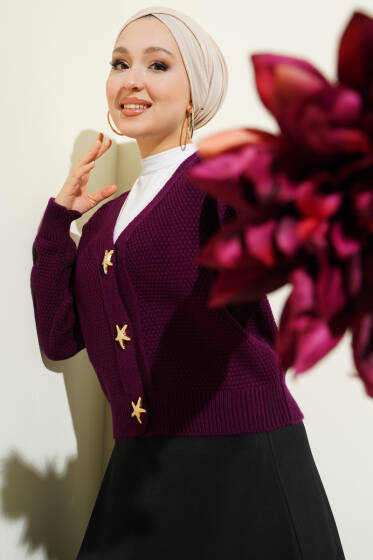 Deniz Yıldızı Düğmeli Triko Hırka Mor - Hırka